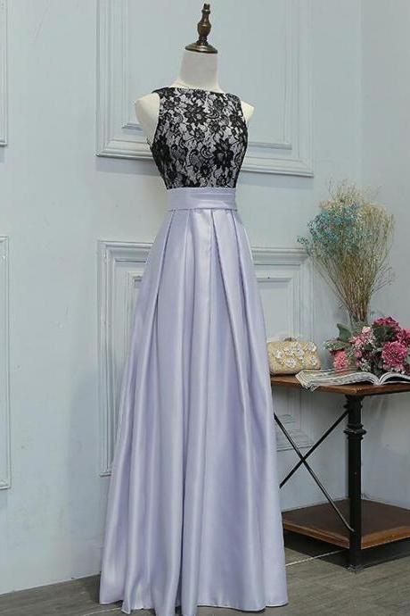 Elegant Black Lace Bodice Long Satin Party Dress, Bridesmaid Dress
