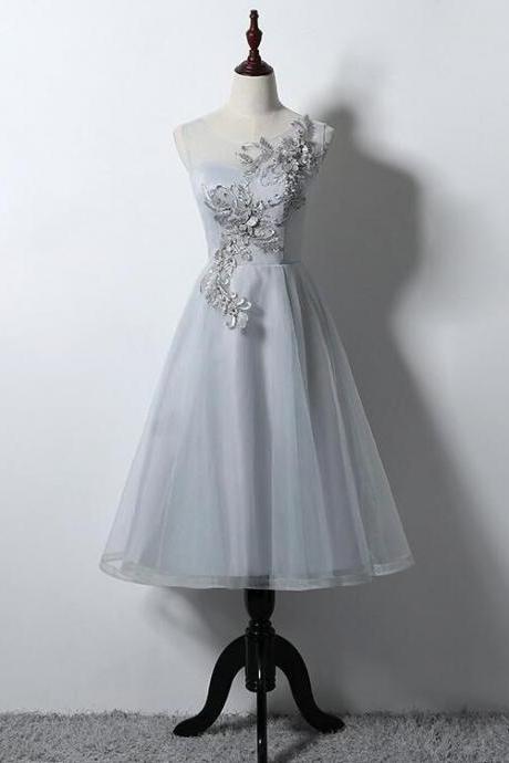 Beautiful Grey Tea Length Bridesmaid Dress, Round Neckline Party Dress