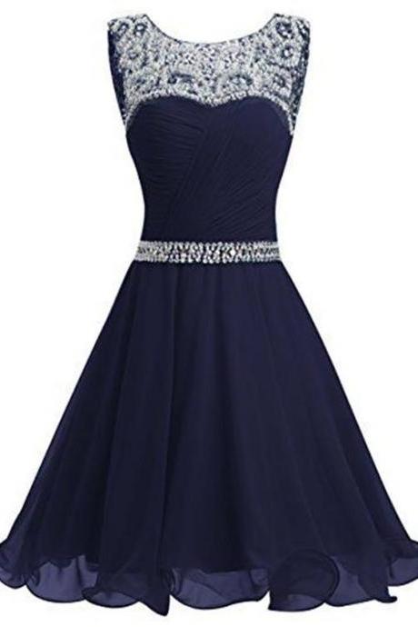 Lovely Blue Sequins Chiffon Knee Length Prom Dress, Blue Homecoming Dress