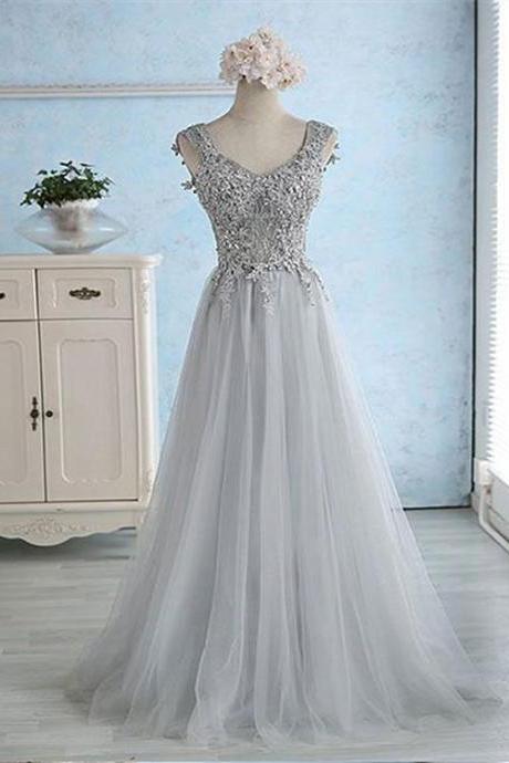 Beautiful Grey Lace Applique Long Tulle Prom Dress, Grey Party Dress