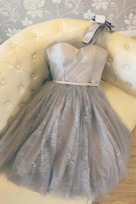 Beautiful Light Grey One Shoulder Tulle Bridesmaid Dress, Short Party Dress