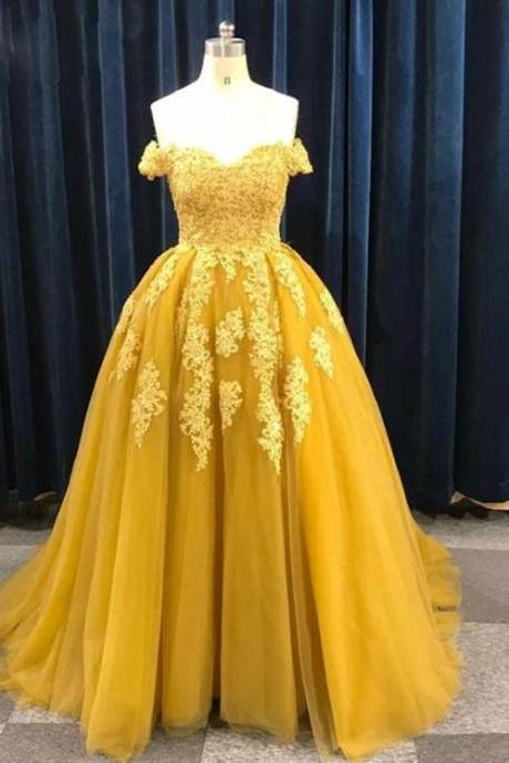 Charming Tulle Ball Gown Off Shoulder Lace Appliques Prom Dress, Sweet 16 Gown