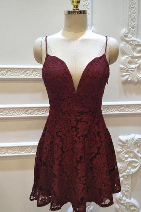 Sexy Lace Straps Mini Party Dress, Short Lace Homecoming Dress