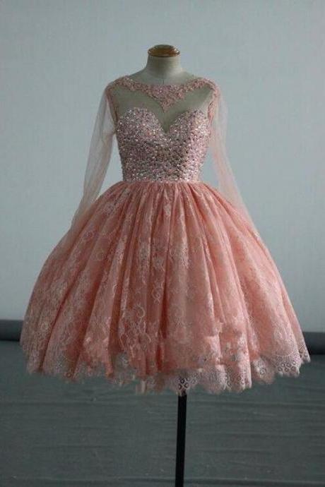 Beautiful Long Sleeves Lace with Beaded Homecoming Dress, Short Party Dress