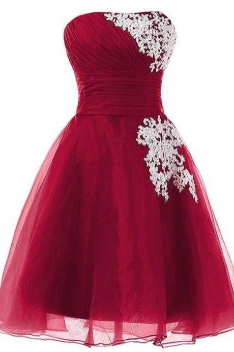 Dark Red Organza Knee Length Cute Homecoming Dress 2021, Short Prom Dress