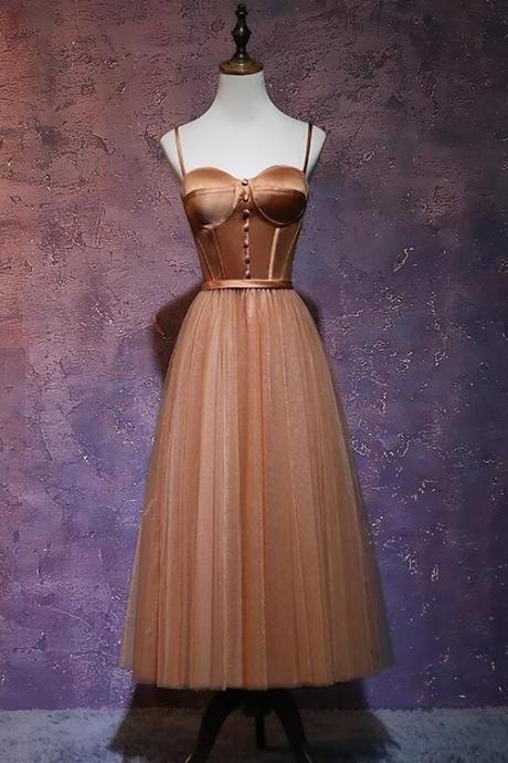 Vintage Tulle and Satin Straps Tea Length Party Dress, Elegant Bridesmaid Dress
