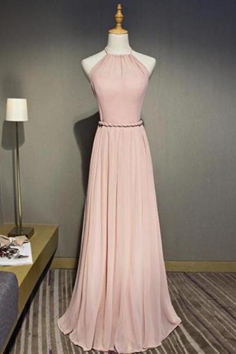 Simple Chiffon Halter Pink Open Back Bridesmaid Dress, Long Party Gown