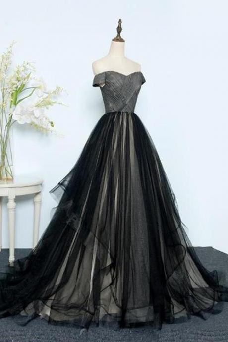 Beautiful Black Tulle Off Shoulder Floor Length Gown, Black Evening Dresses 