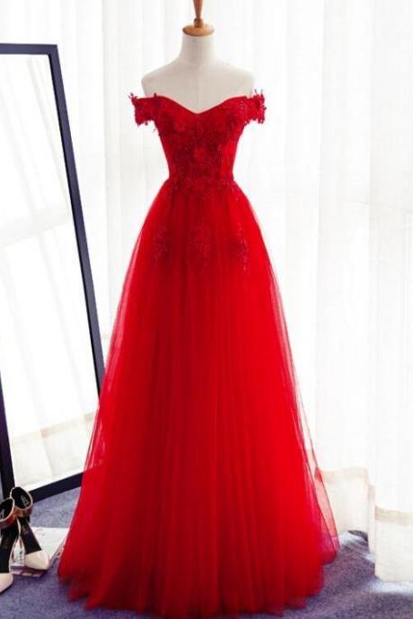 Beautiful Red Tulle Formal Dress 2021, Off Shoulder Red Evening Gown with Applique