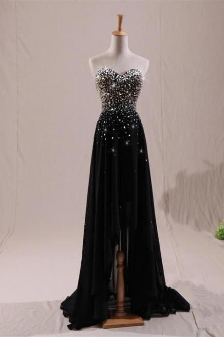 Charming High Low Black Beaded Prom Dress 2021, Black Formal Dress, Lovely Gowns