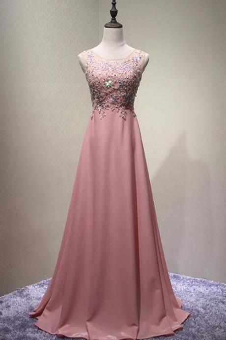 Dark Pink Chiffon and Beaded A-line Round Neckline Junior Prom Dress 2021, Long Evening Dress