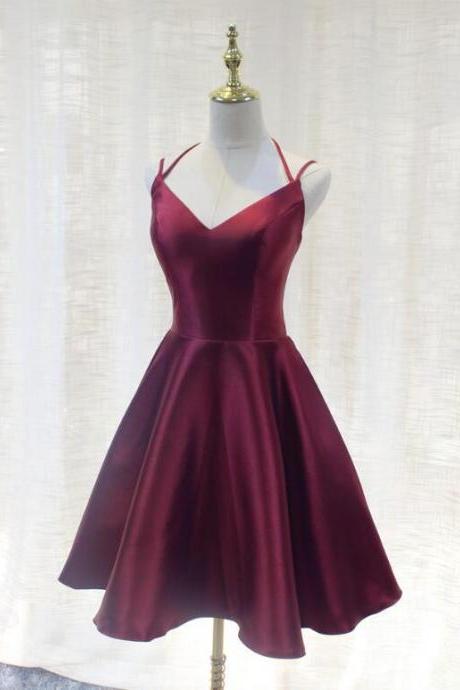 Burgundy Straps V-neckline Short Party Dress 2019, Lovely Satin Homecoming Dress