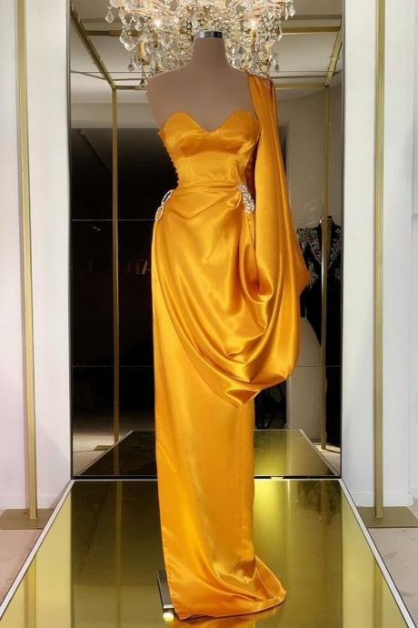 DESIGNER YELLOW GOLD ONE SHOULDER LONG EVENING PROM DRESS WITH RUFFLES