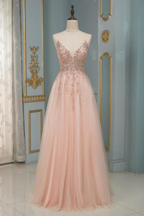 Glamorous Sequins V-neck Long Evening Prom Dress Floor Length