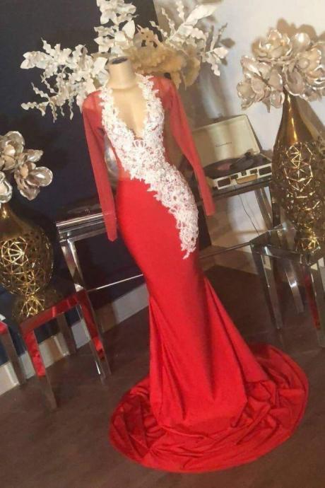 Lace Appliques Long Sleevess Illusion Neckline Red Mermaid Prom Dresses