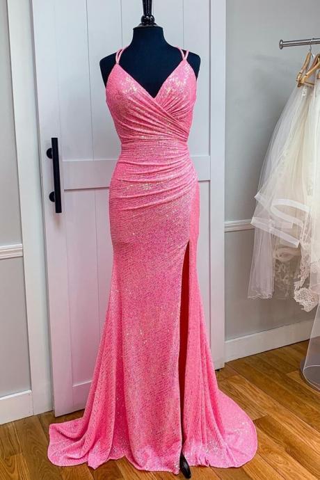 Elegant Pink Sequin Mermaid Long Prom Dress With Slit