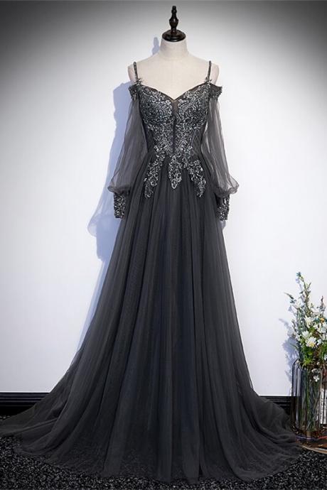 Grey Tulle A-line Long Formal Dress With Long Sleeves