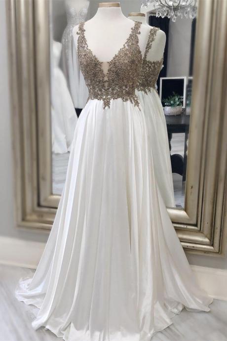 Princess White And Champagne Appliques A-line Long Prom Dress