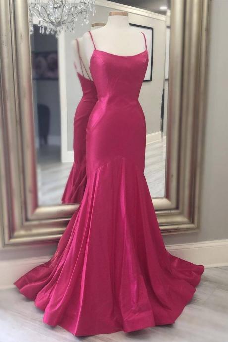 Spaghetti Straps Pink Mermaid Long Formal Dress