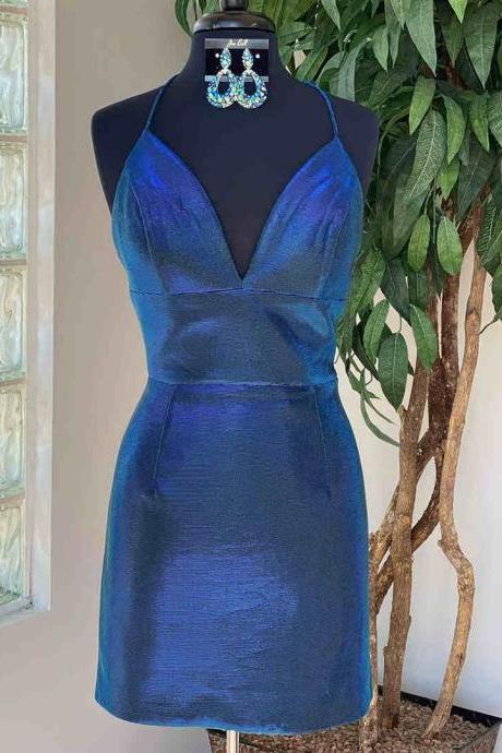 Tight Straps Blue Short Homecoming Dress