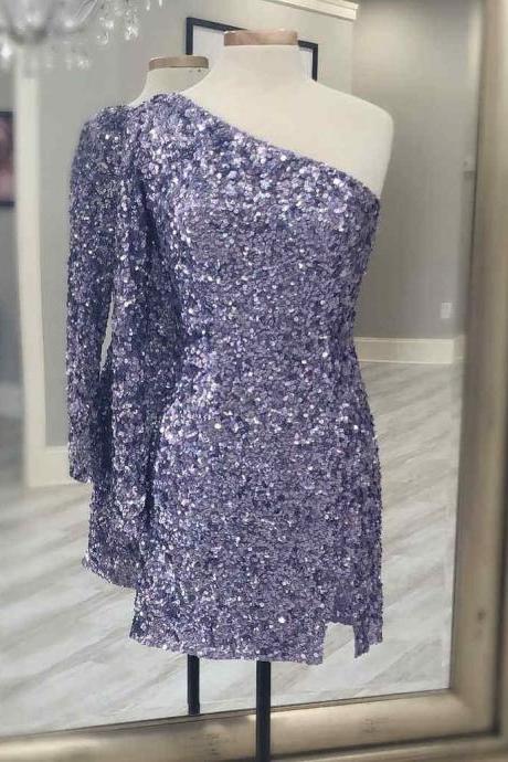 Short Lavender Sequined Party Dress With Long Sleeve