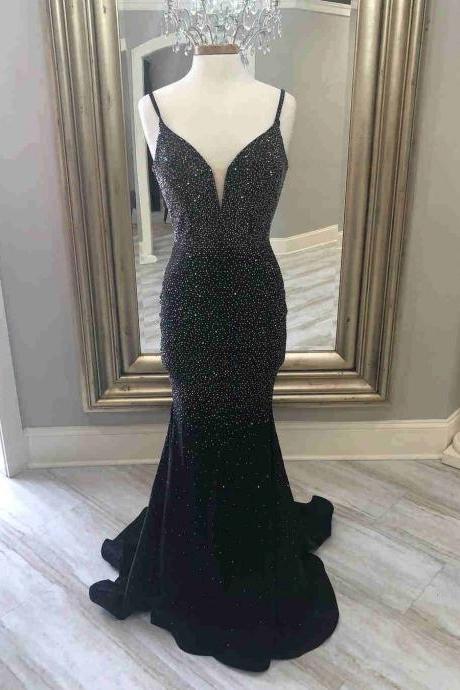 Elegant Black Mermaid Long Prom Dress With Rhinestone