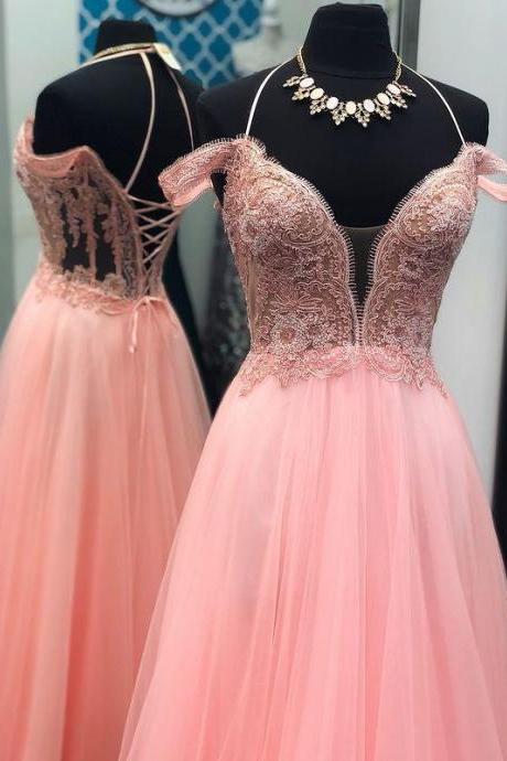 Tulle Long Prom Dresses with Appliques,Winter Formal Dresses