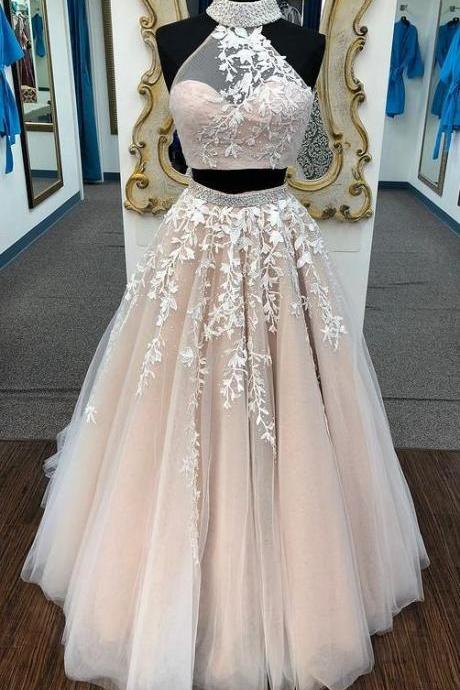 Two Pieces Tulle Long Prom Dresses with Appliques and Beading,Winter Formal Dresses