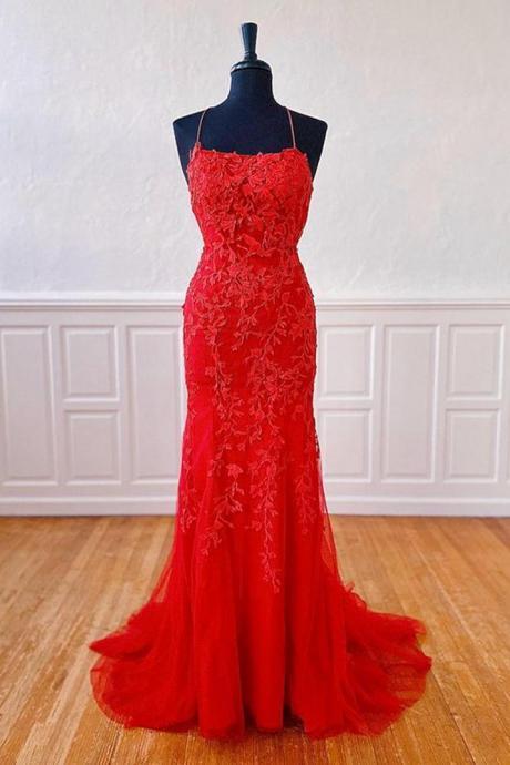 Red Tulle Long Prom Dresses with Appliques and Beading,Evening Dresses