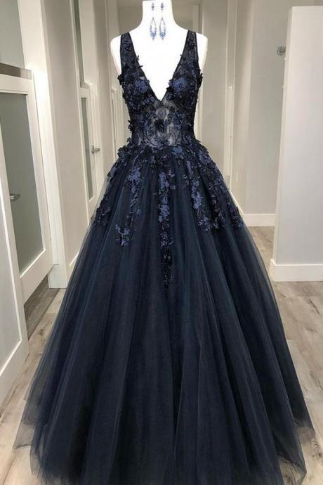 V-neck Tulle Long Prom Dresses with Appliques and Beading,Evening Dresses