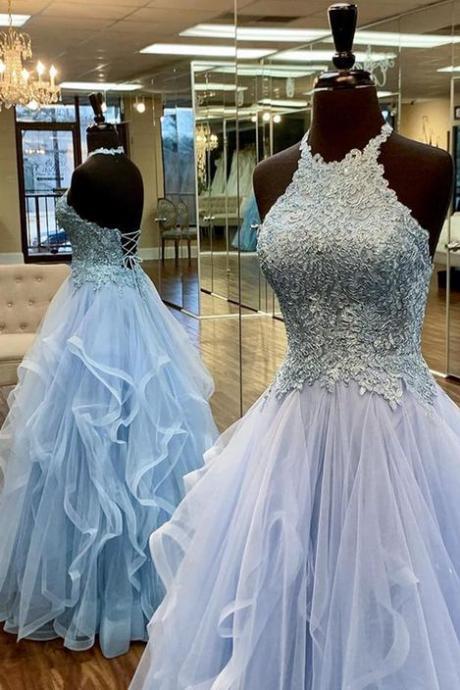 Halter Neck Tulle Long Prom Dresses With Appliques,evening Dresses