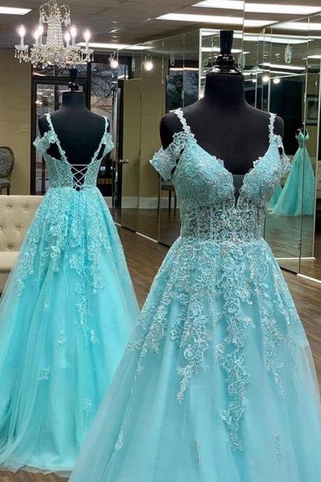 Tulle Long Prom Dresses with Appliques Evening Dresses