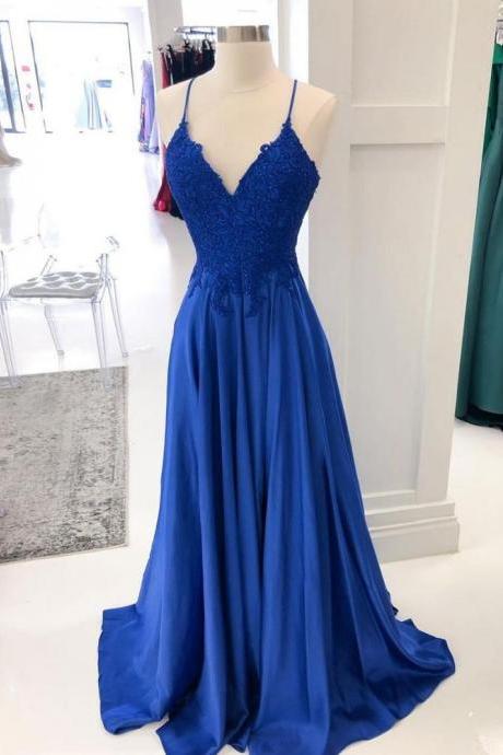 V-neck A-line Long Prom Dresses with Appliques and Beading,Evening Dress ,Winter Formal Dress