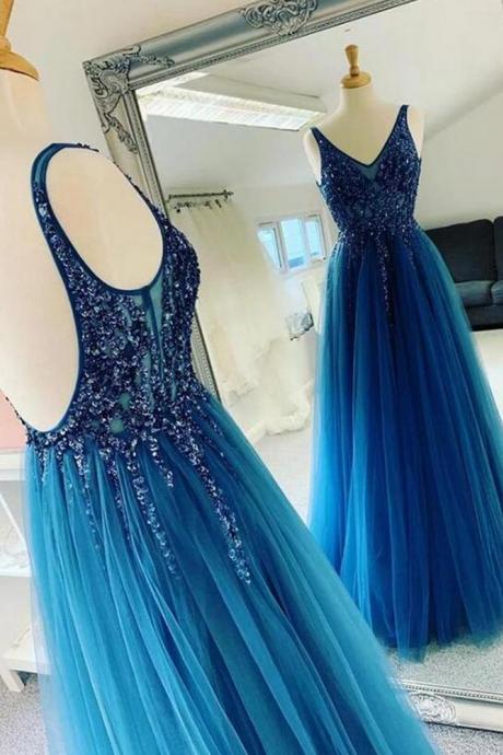 Open Back Long Prom Dress with Beading ,Fashion Wedding Party Dress