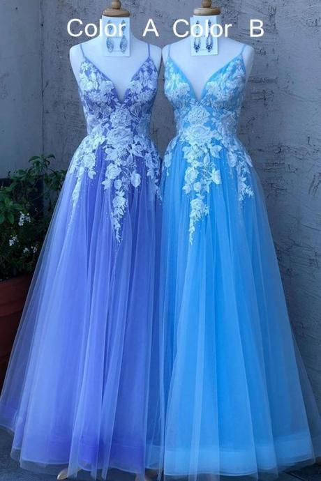 V-neck Tulle Prom Dresses Long with Appliques and Beading