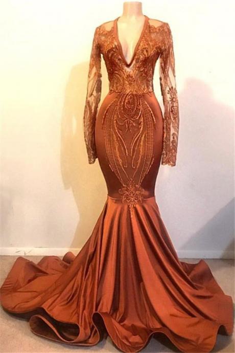Long Sleeves V-neck Prom Dress Mermaid Long Evening Gown.pl5327