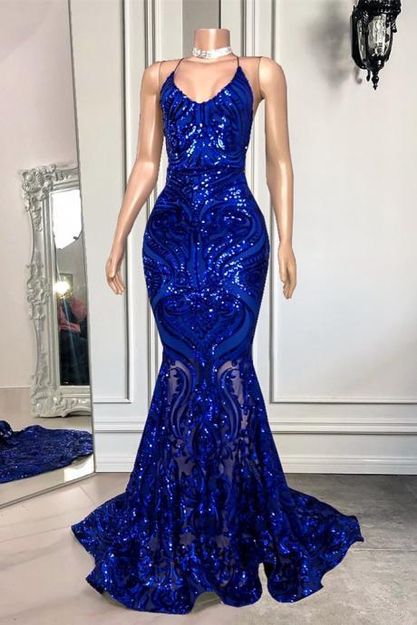 Fabulous Royal Blue Spaghetti-straps Sequins Prom Dress Mermaid Sleeveless.pl5328