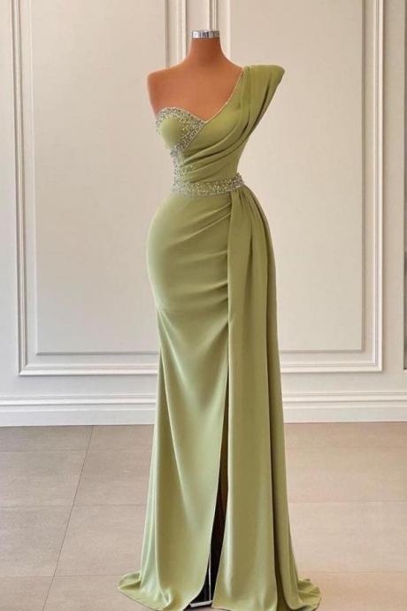Modern One Shoulder Sage Mermaid Prom Dress Long Ruffles With Beads,PL5333