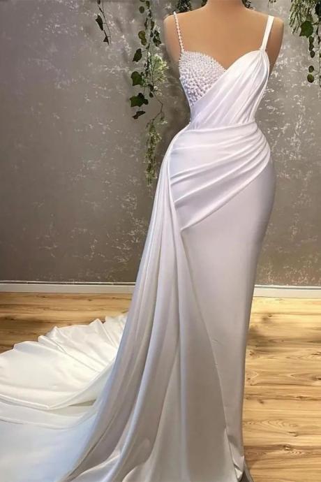 Modern White Spaghetti-straps Pearl Mermaid Prom Dress With Ruffles,pl5334