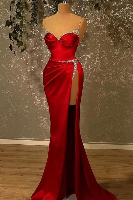 Beautiful Burgundy Spaghetti-straps Mermaid Prom Dress Split With Beads.pl5335