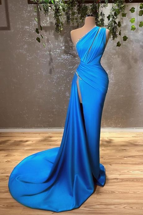 Beautiful Ocean Blue One Shoulder prom Dress Mermaid With Split,PL5336