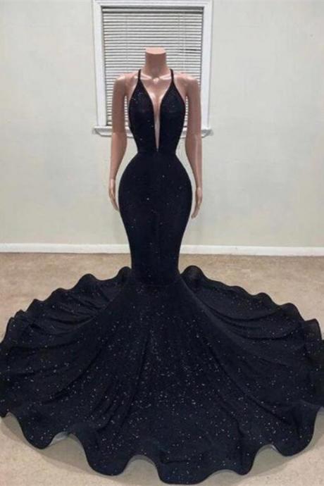 Classic Black Mermaid Prom Dress Halter Long Formal Wears.PL5336