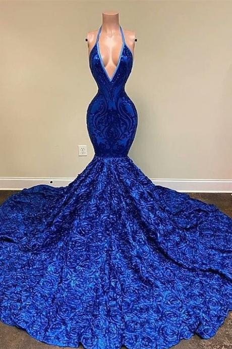 New Arrival Royal Blue Halter Sleeveless Sequins Prom Dress Mermaid With Flowers Bottom.PL5338