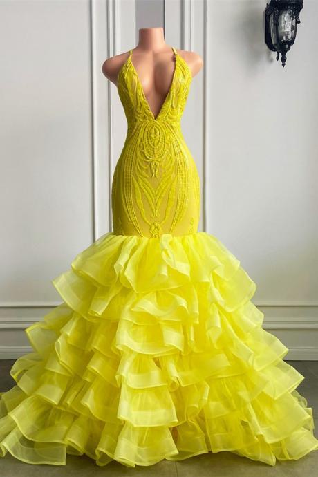 Glamorous Bright Yellow Mermaid Prom Dress Long Lace Party Gowns With Ruffles.PL5339