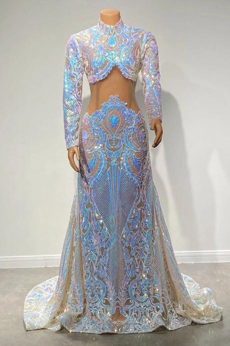 Charming Long Sleeves Mermaid Prom Dress With Sequins Lace.PL5341