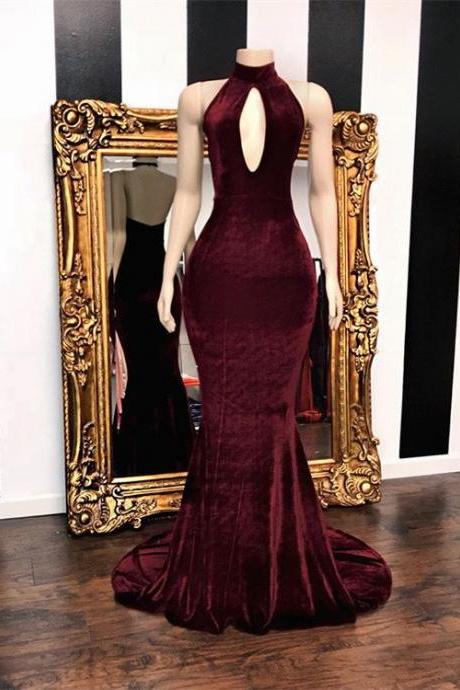 Stunning High Neck Burgundy Keyhole Prom Dress Mermaid Velvet.PL5344