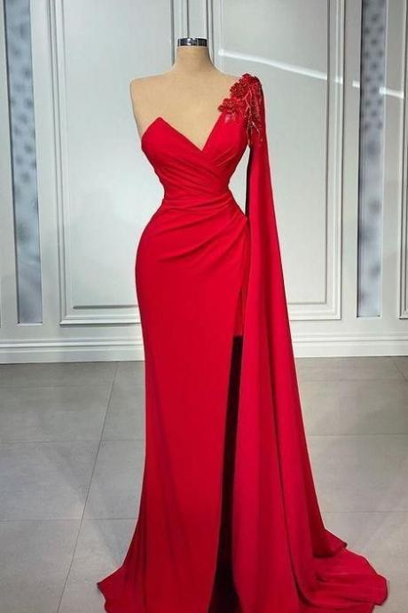 Gorgeous V-Neck Red One Shoulder Ruffle Prom Dress Mermaid With Slit,PL5344