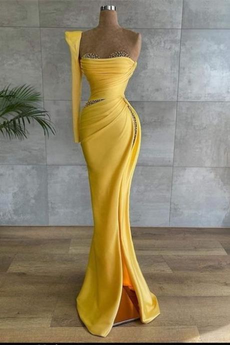 Gorgeous Yellow Sweetheart Mermaid Prom Dress Split With Beads.PL5348