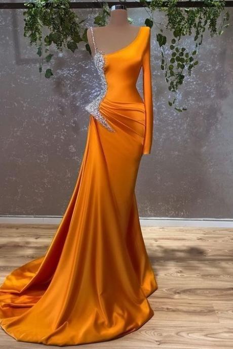 Modern Burnt Orange Long Sleeves Mermaid Prom Dress With Beads,PL5352