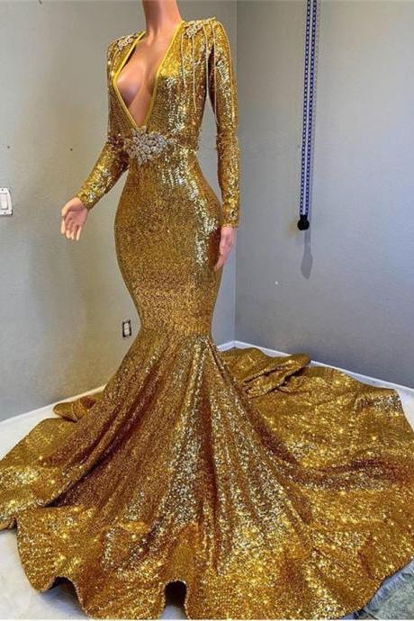 Gorgeous Gold Sequins Long Sleeves Prom Dress Mermaid Deep V-Neck,PL5351